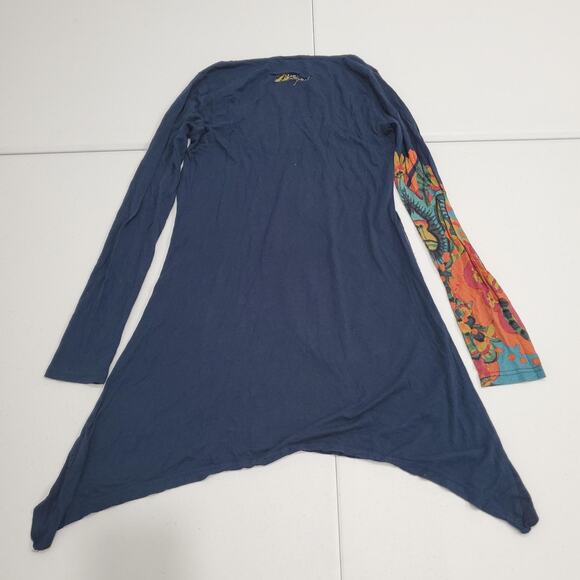 Desigual Tunic Shirt Womens Small Blue Long Sleeve Asym Hem Floral Boho - Picture 2 of 6